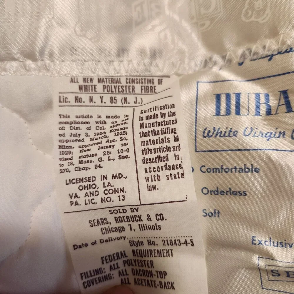 Sears Dura-Puff Baby Blanket Comforter Solid White Satin Trim Bears Blocks Quilt